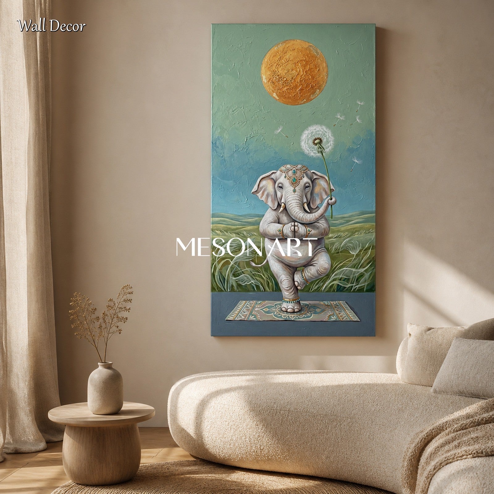 Green And Gold Surrealist Painting Yoga Elephant Original Artist Panoramic Wall Art For Living Room By Mesonart