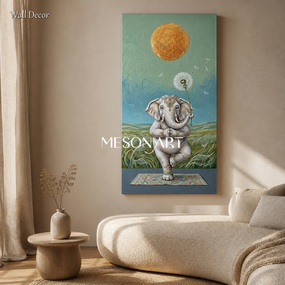 Green And Gold Surrealist Painting Yoga Elephant Original Artist Panoramic Wall Art For Living Room By Mesonart