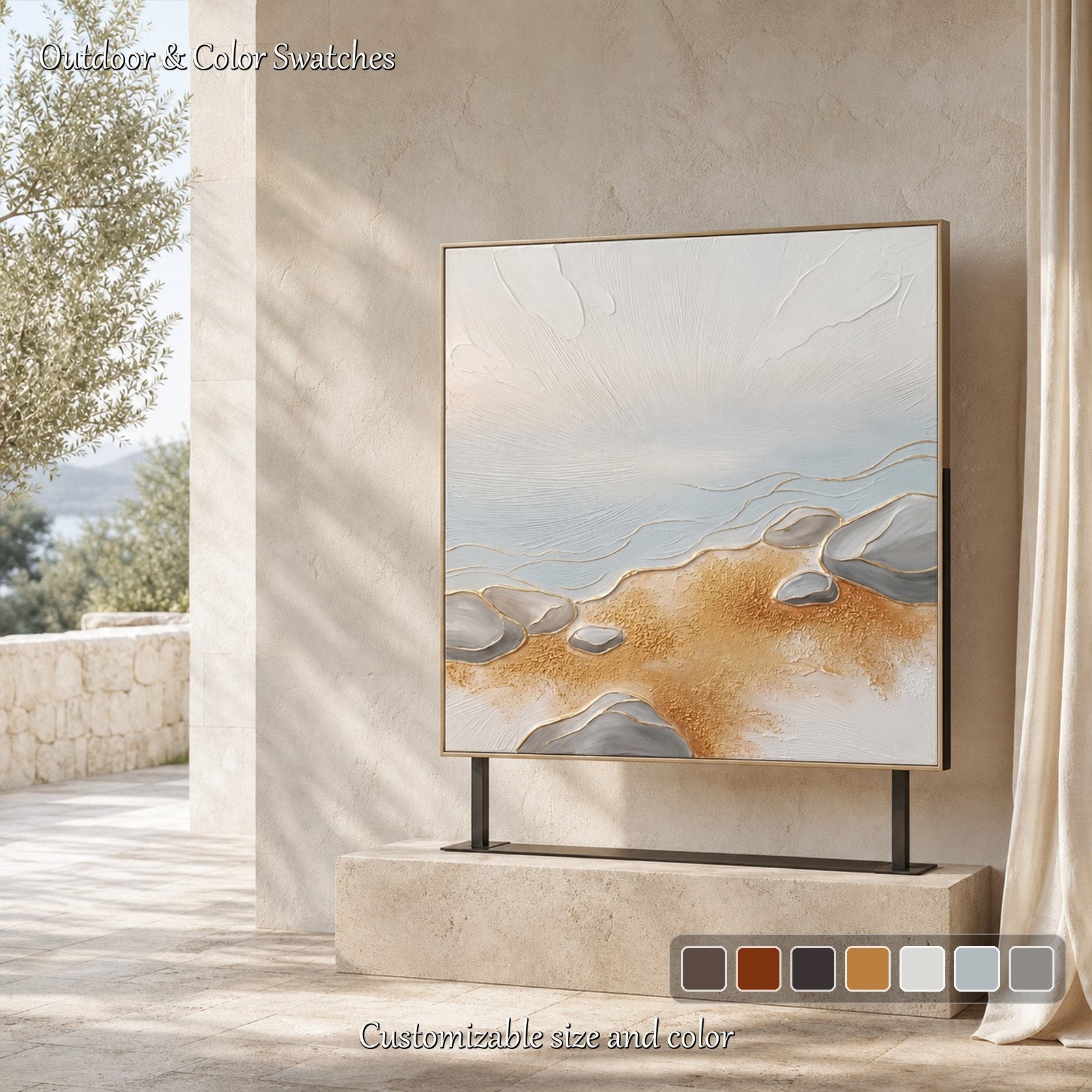3D Textured Lake Stone Painting With Gold Accents For Modern Living Room Wall Decor