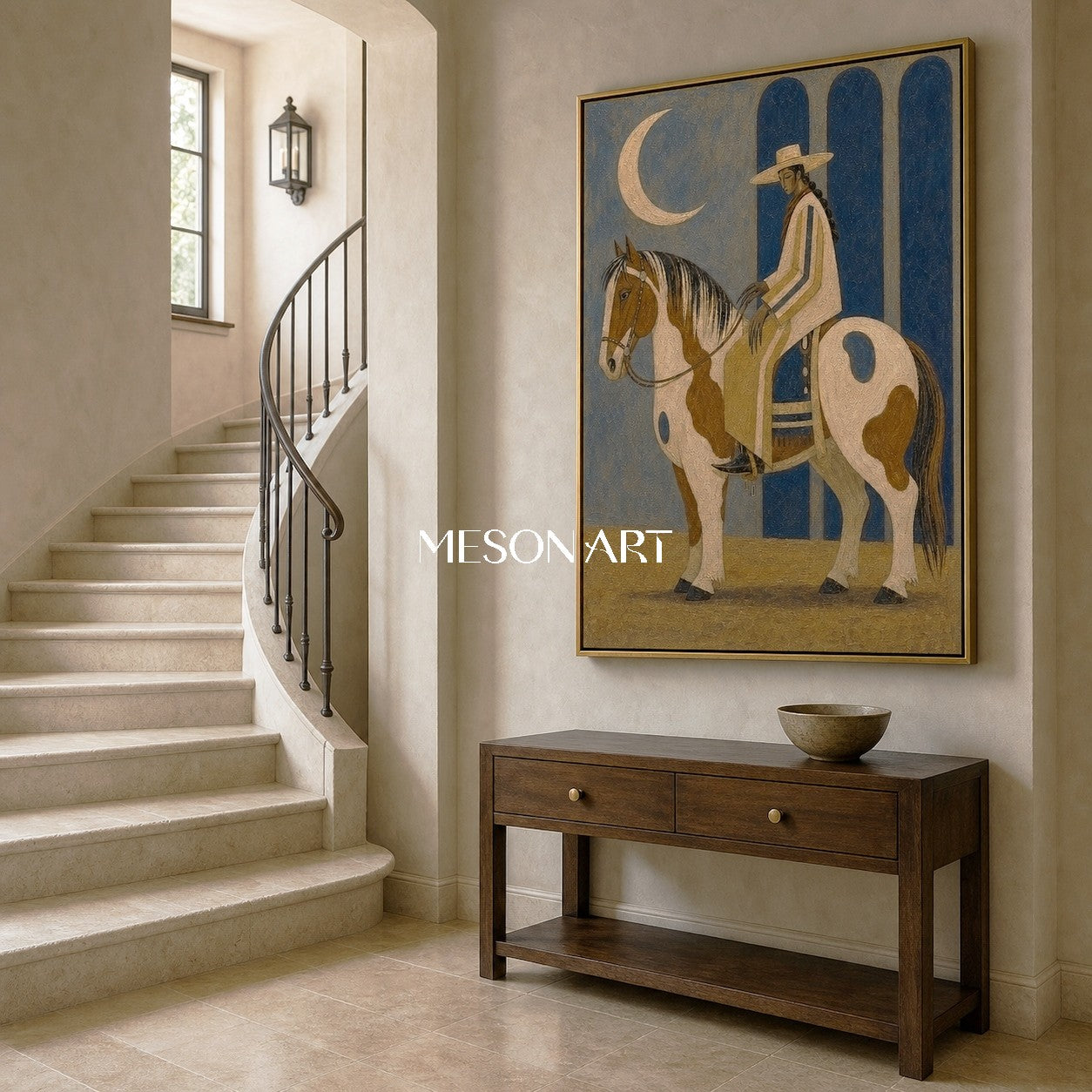 Moonlit Cowboy Horse Painting Art Deco Style Textured Canvas Wall Decor For Living Room Office
