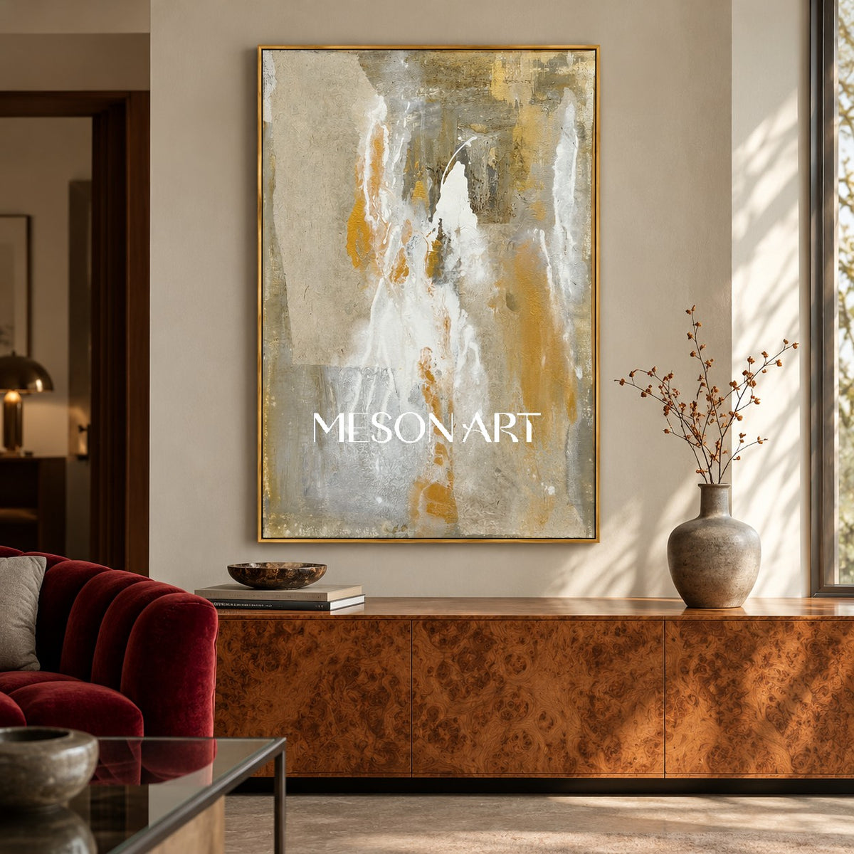 Beige And Gold Abstract Art Original Artist Hand Painted Mixed Media Textured Painting Rectangular Wall Art For Living Room By Mesonart