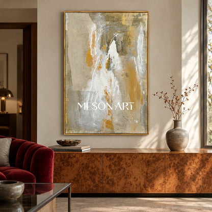 Beige And Gold Abstract Art Original Artist Hand Painted Mixed Media Textured Painting Rectangular Wall Art For Living Room By Mesonart