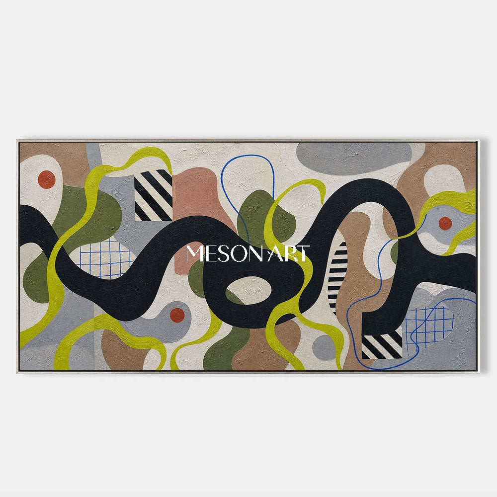 Mid Century Modern Abstract Painting With Organic Shapes And Geometric Lines For Living Room Decor