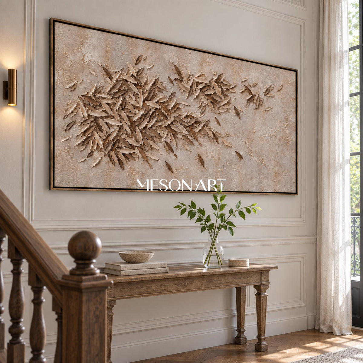 Beige And Brown Organic Minimalist Leaves Forms Wall Art For Living Room By Mesonart