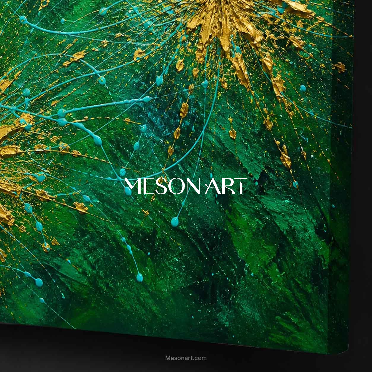 Emerald Green And Gold Abstract Painting With Fluid Motion And Metallic Accents For Modern Living Rooms