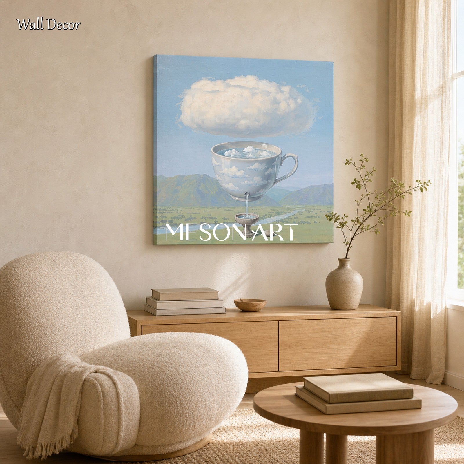 Surrealist Landscape Painting With Giant Cup Pouring Clouds For Modern Home Decor