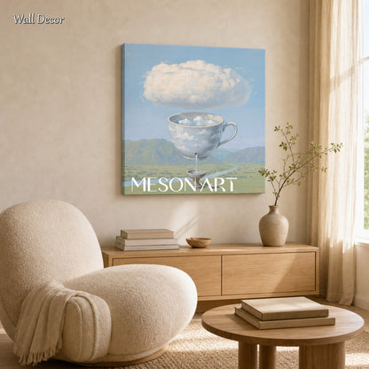 Surrealist Landscape Painting With Giant Cup Pouring Clouds For Modern Home Decor