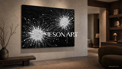 Original Black And White Pollock Style Abstract Painting With Textured Relief For Modern Living Room