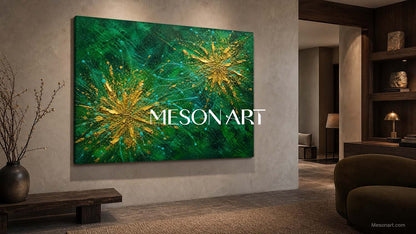 Emerald Green And Gold Abstract Painting With Fluid Motion And Metallic Accents For Modern Living Rooms