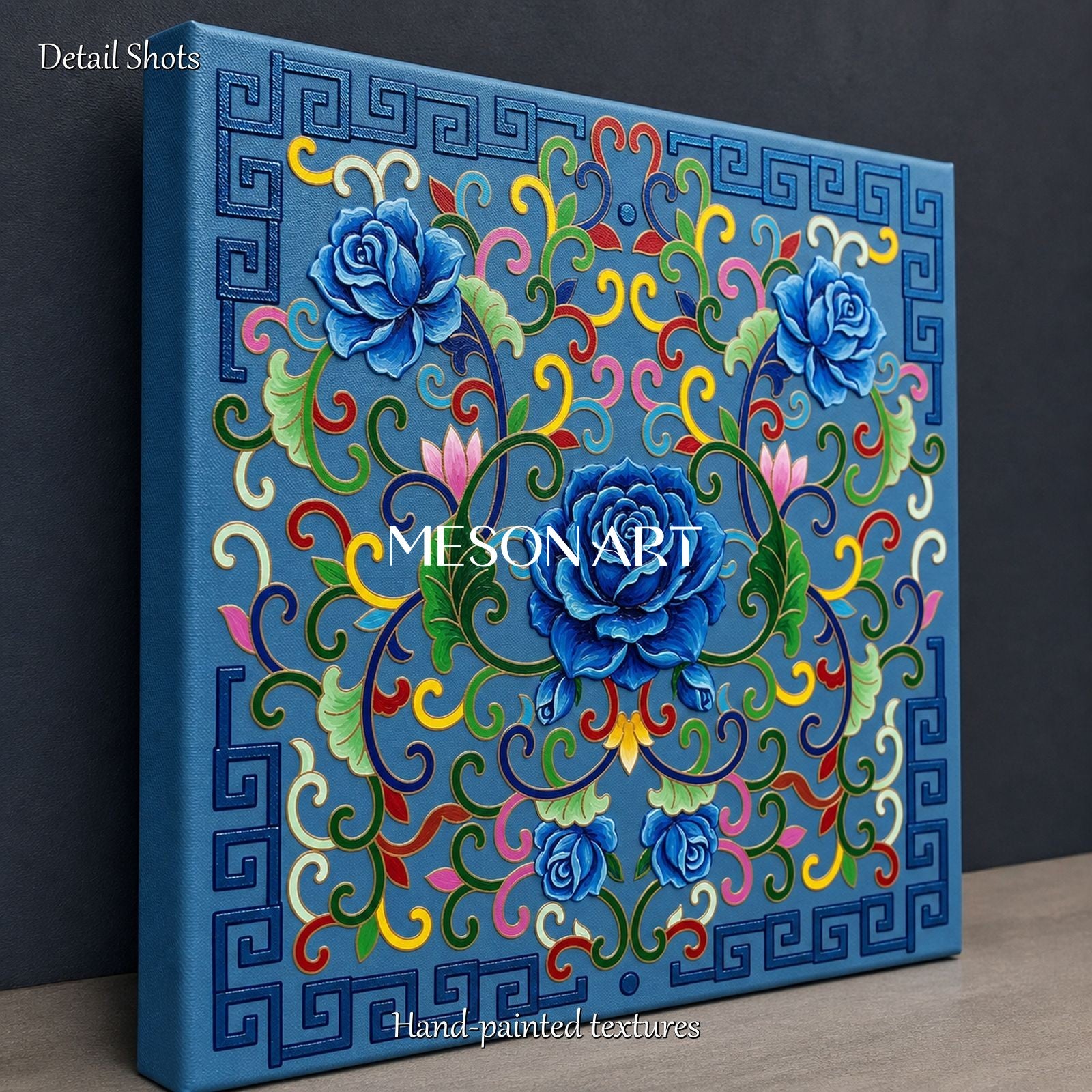 Blue And Gold Persian Floral Geometric Wall Art Square Original Artist Hand Painted By Mesonart