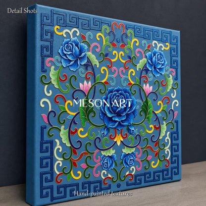 Blue And Gold Persian Floral Geometric Wall Art Square Original Artist Hand Painted By Mesonart