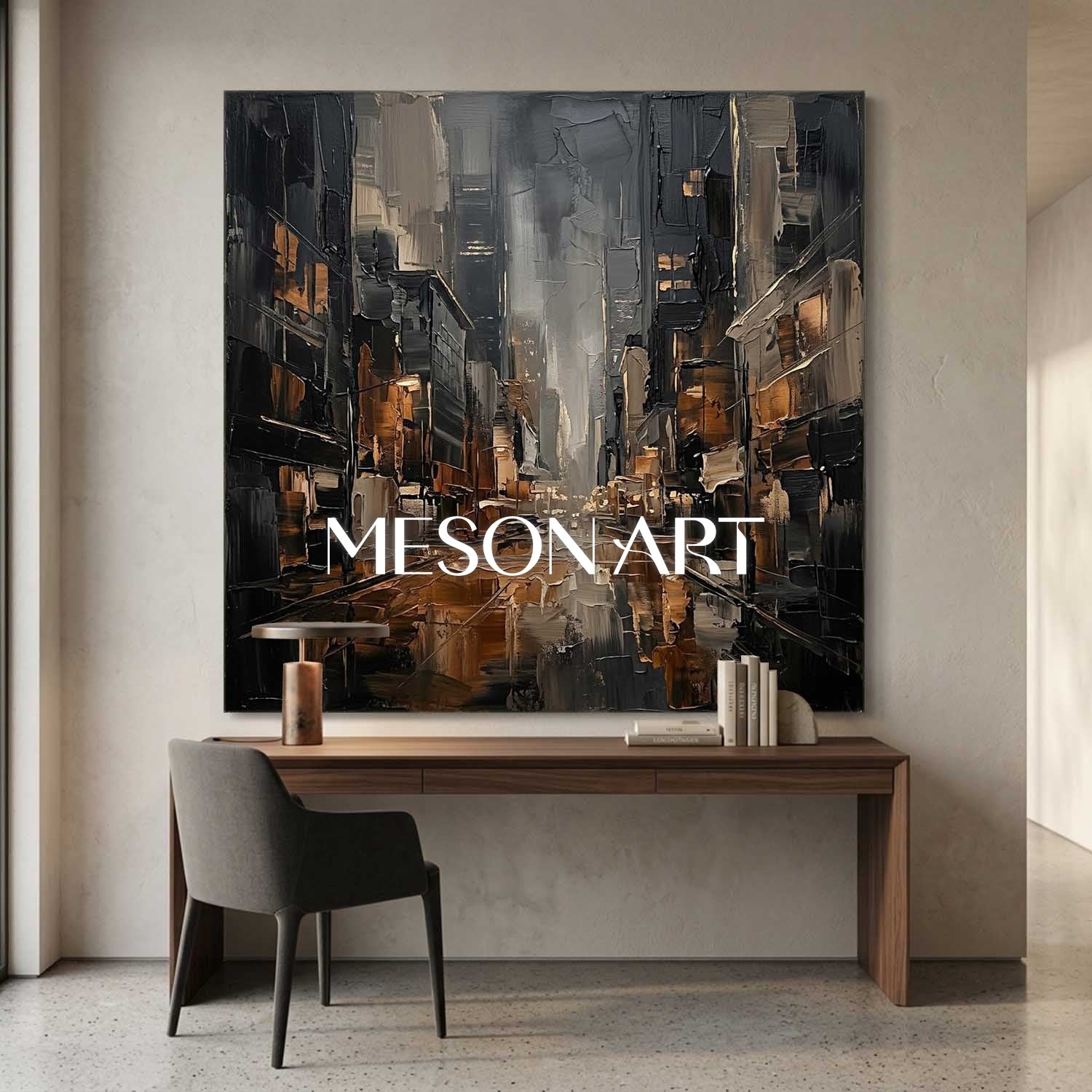 Bronze And Grey Abstract City Painting With Textured Plaster Finish For Executive Office Decor