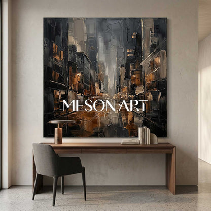 Bronze And Grey Abstract City Painting With Textured Plaster Finish For Executive Office Decor