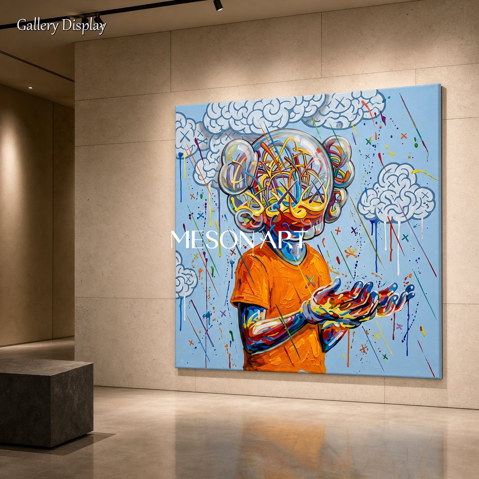 Vibrant Pop Art Painting With Glass Head Figure For Modern Living Room Decor