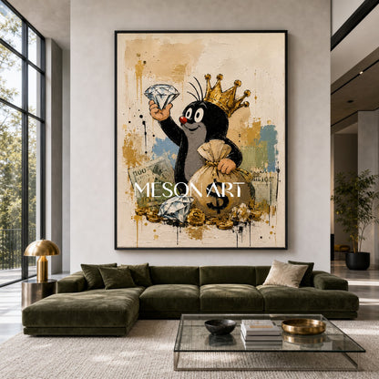 Crowned Mole Pop Art Painting With Gold Coins And Diamonds For Modern Living Room Decor