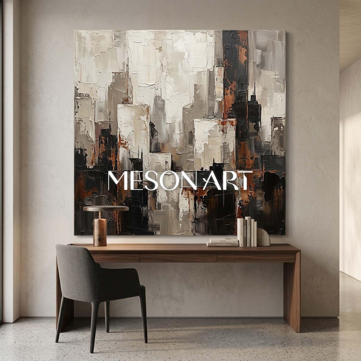 Abstract City Skyline Plaster Art With Thick Textured Relief For Industrial Loft Living Room