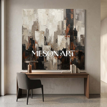 Abstract City Skyline Plaster Art With Thick Textured Relief For Industrial Loft Living Room