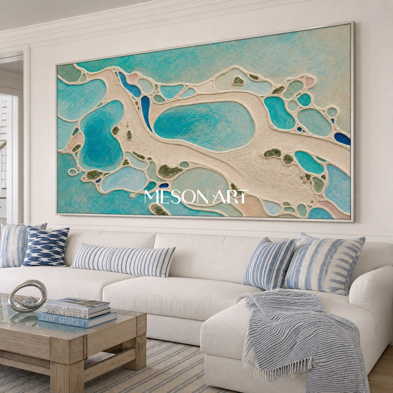 Turquoise Lagoon Abstract Art With Fluid Texture For Coastal Living Room