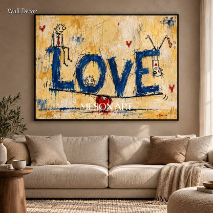 Yellow And Blue Abstract Graffiti Painting Original Artist Rectangular Wall Art For Living Room By Mesonart