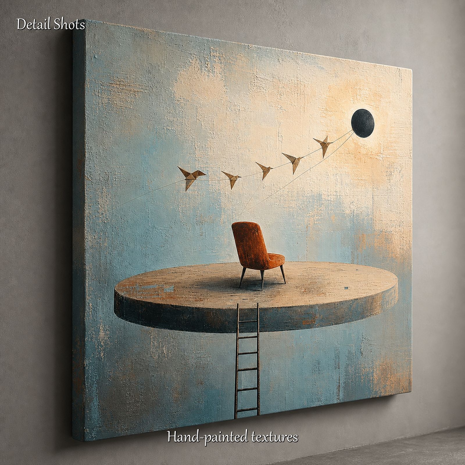 Surrealist Abstract Painting With Floating Chair For Modern Living Room Decor