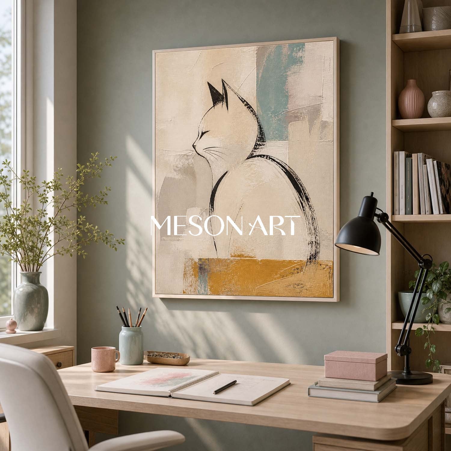 Minimalist Cat Wall Art In Beige And Black For Living Room Bedroom Decor