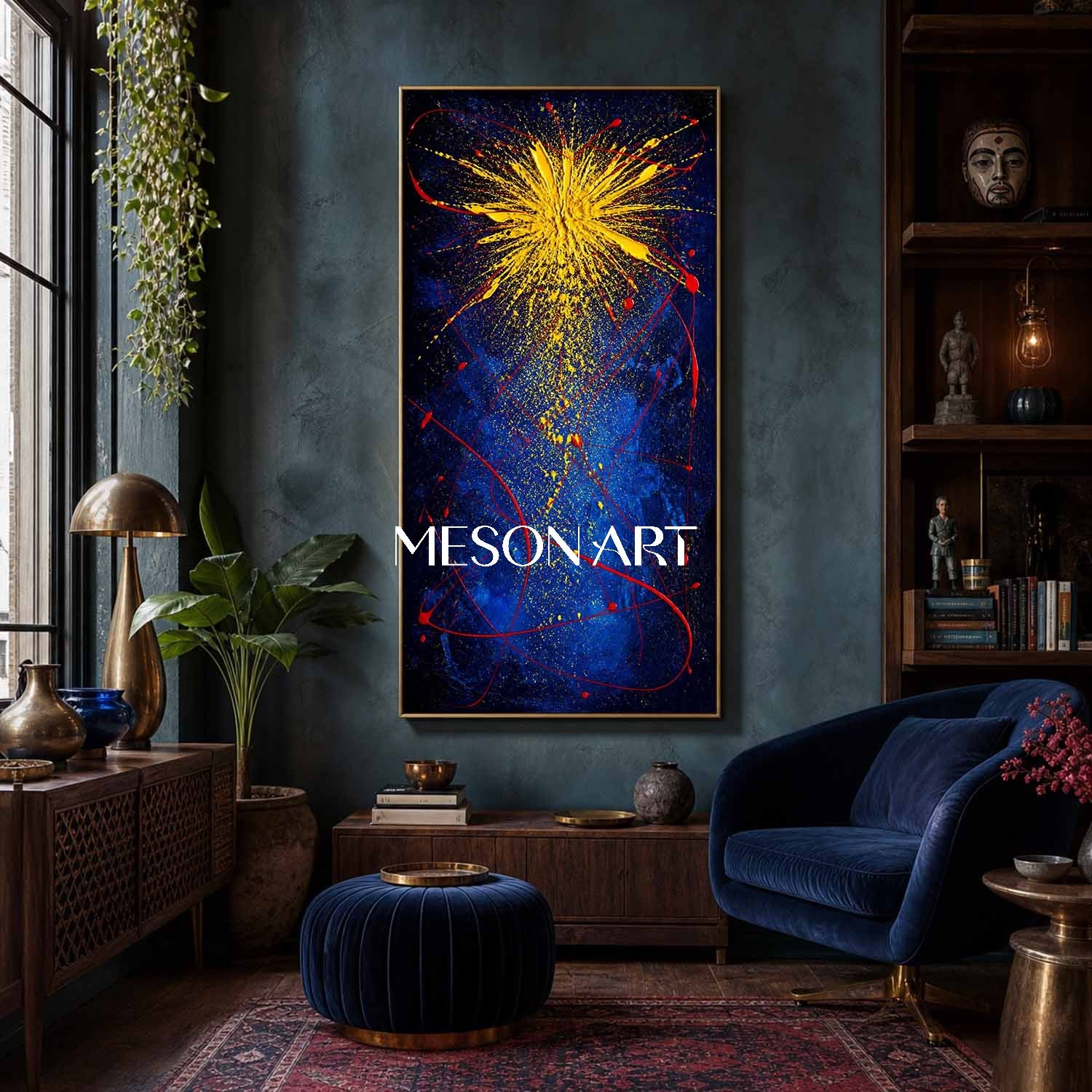 Dynamic Blue And Yellow Abstract Explosion Art For Modern Living Room Decor