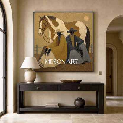 Earthy Textured Cowboy And Horse Painting For Modern Farmhouse Living Room Decor