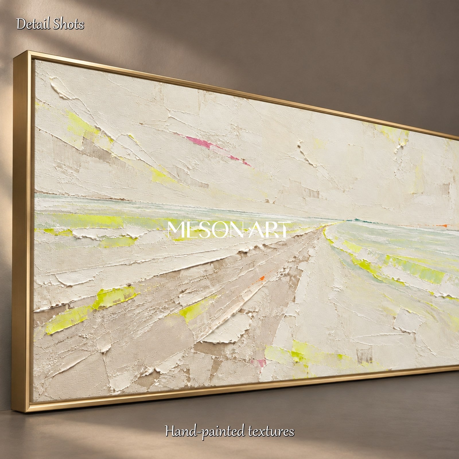 抽象画 色彩豊か パレット・ナイフ手法 ベージュとグリーンの抽象画 パノラマ壁面アート アーティストによる