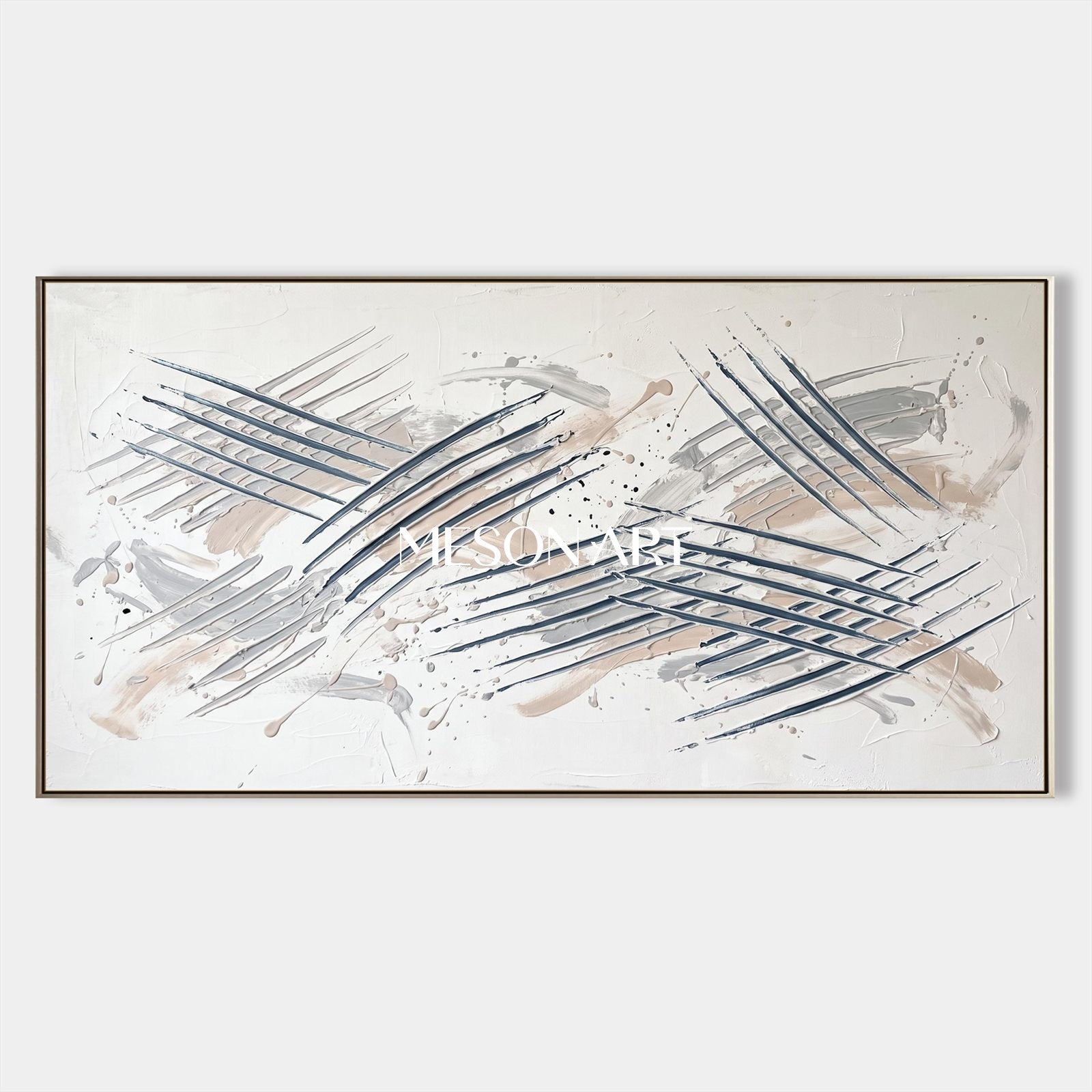 White And Gray Abstract Expressionism Painting Inspired By Jackson Pollock Drip Style Panoramic Wall Art For Living Room By Mesonart