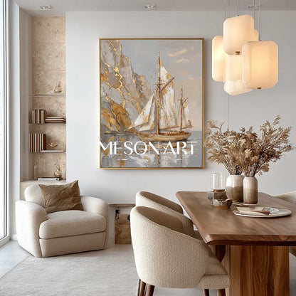 Luxury Gold Leaf Sailboat Painting With Textured Relief For Art Deco Living Room Decor