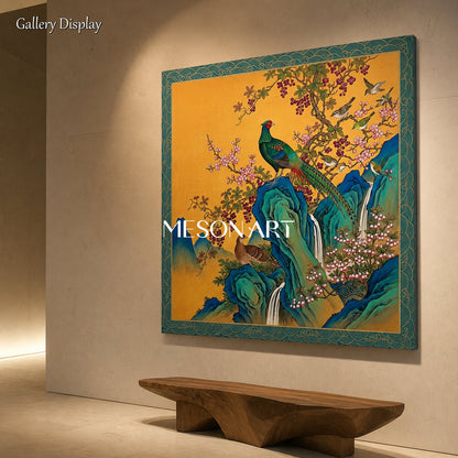 Gold And Blue Gongbi Bird And Blossom Painting Square Wall Art Original Chinese Style Artwork By Mesonart