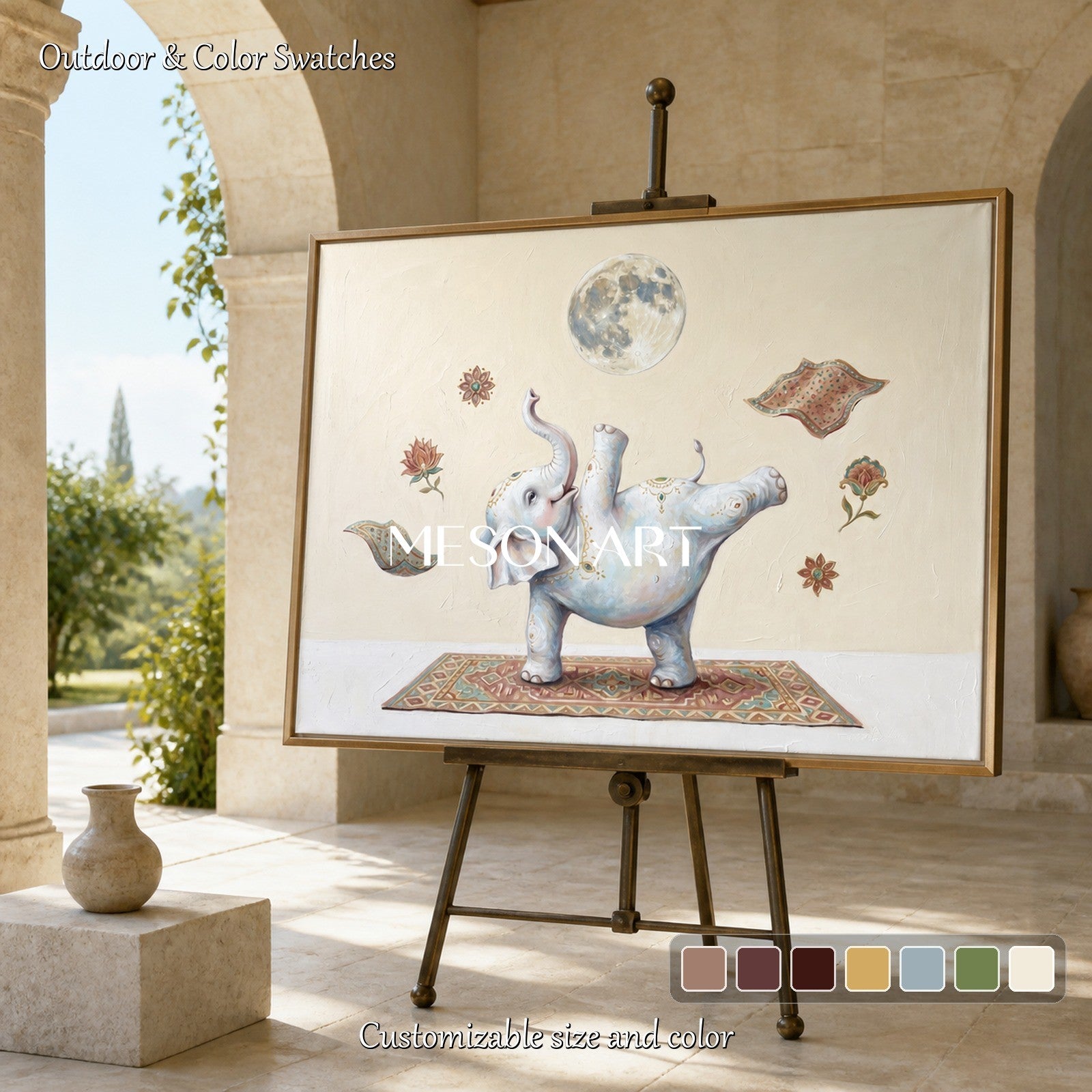 Beige And White Yoga Elephant Original Art Rectangular Wall Decor For Living Room By Mesonart
