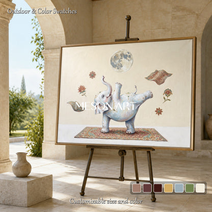 Beige And White Yoga Elephant Original Art Rectangular Wall Decor For Living Room By Mesonart