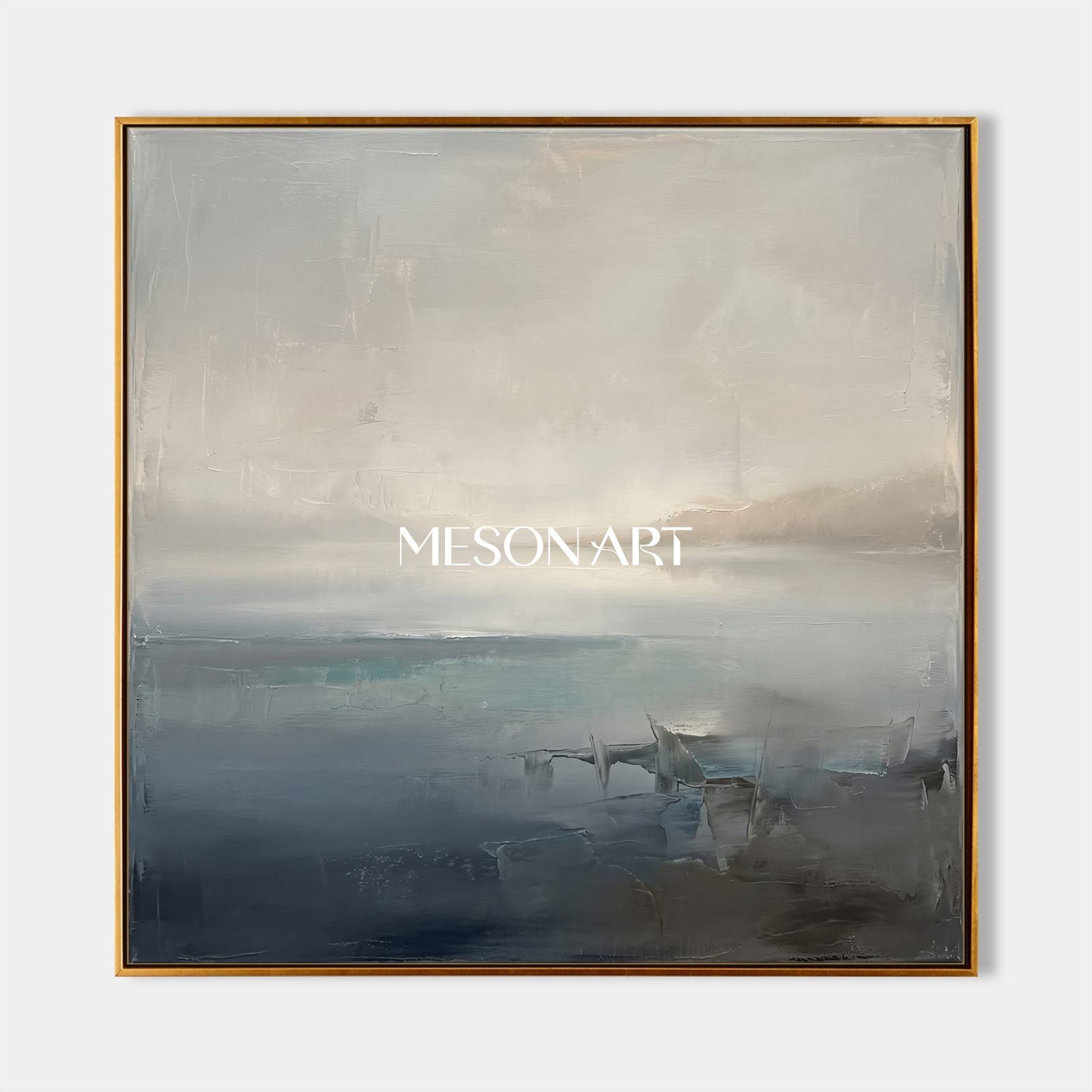 Gray And Blue Abstract Landscape Painting Square Wall Art Original Artist Hand Painted By Mesonart