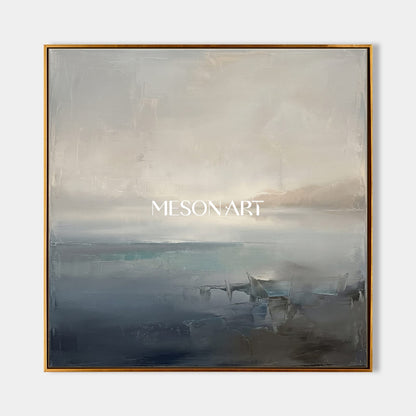 Gray And Blue Abstract Landscape Painting Square Wall Art Original Artist Hand Painted By Mesonart