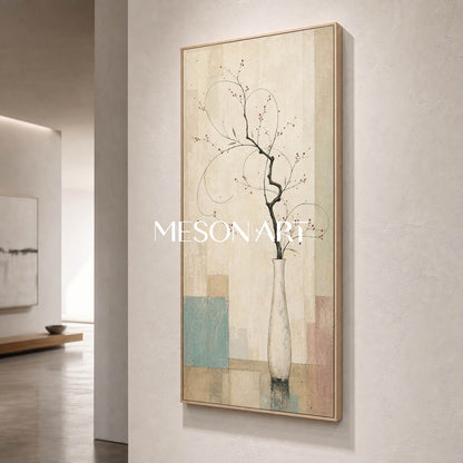 Large Vertical Floral Art Print For Entryway With Japandi Style Beige And Blue Tones