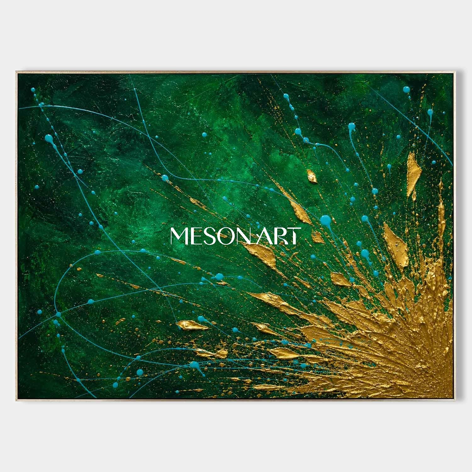 Green And Gold Abstract Painting With Fluid Motion Texture For Living Room Decor