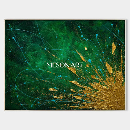 Green And Gold Abstract Painting With Fluid Motion Texture For Living Room Decor