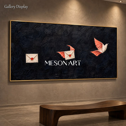 Black And Red Surrealist Painting Of Pigeons Panoramic Wall Art Original Artist By Mesonart