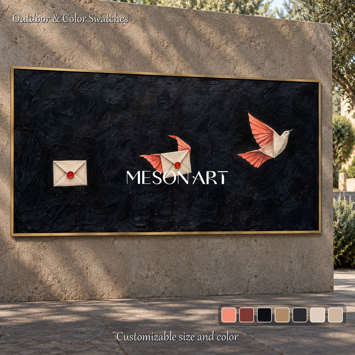 Black And Red Surrealist Painting Of Pigeons Panoramic Wall Art Original Artist By Mesonart