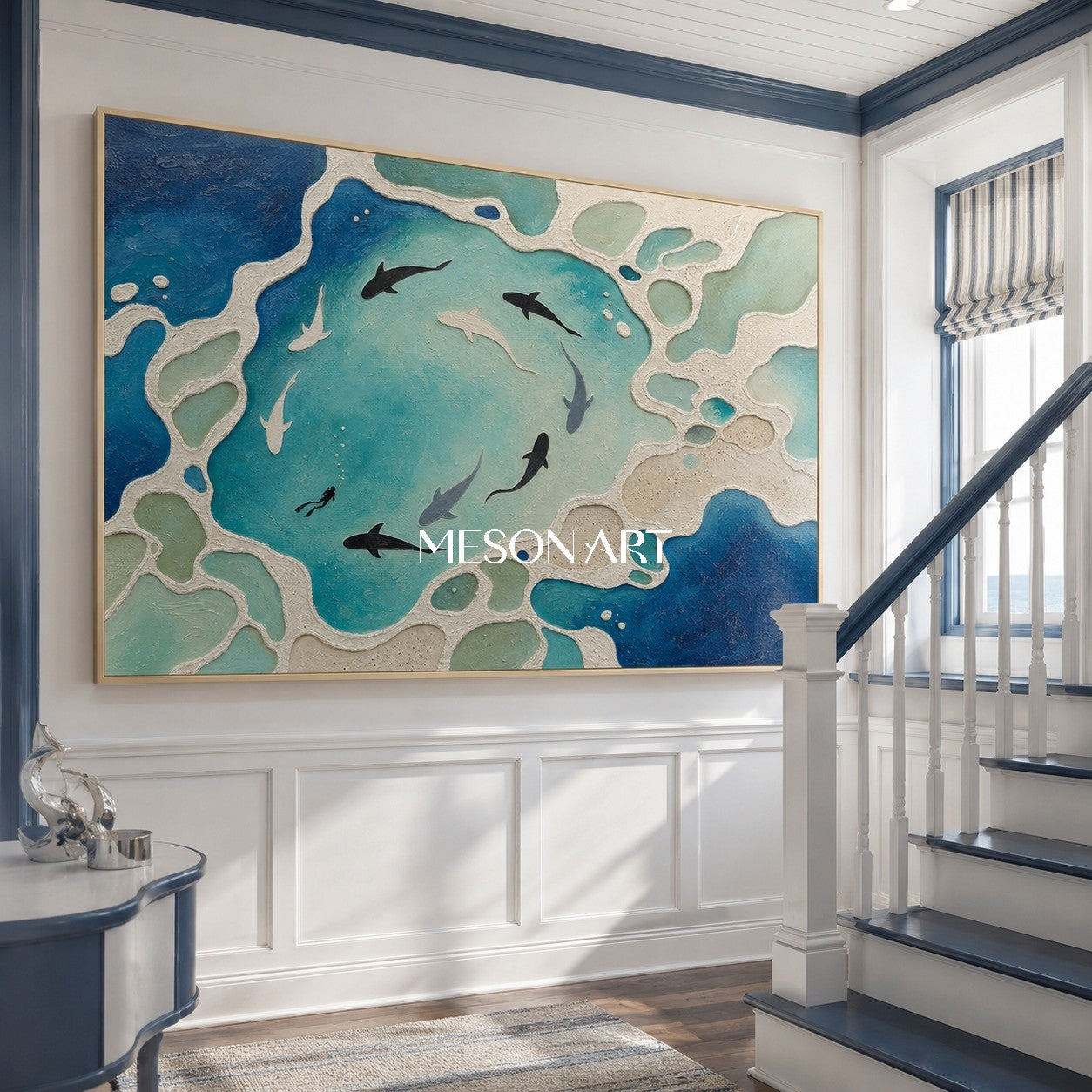 Abstract Ocean Shark Painting With Textured Reef For Modern Living Room Decor
