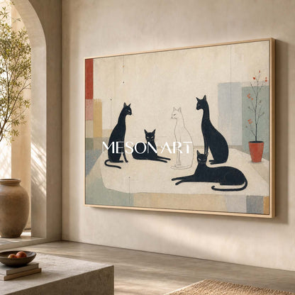 Minimalist Black And White Cat Painting For Modern Home Decor With Art Deco Style