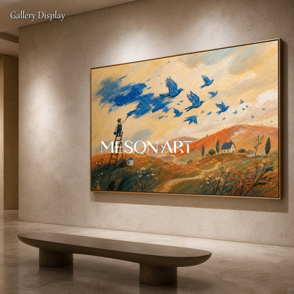 Blue And Beige Surreal Landscape Painting With Birds And Painter Rectangular Wall Art For Living Room By Mesonart