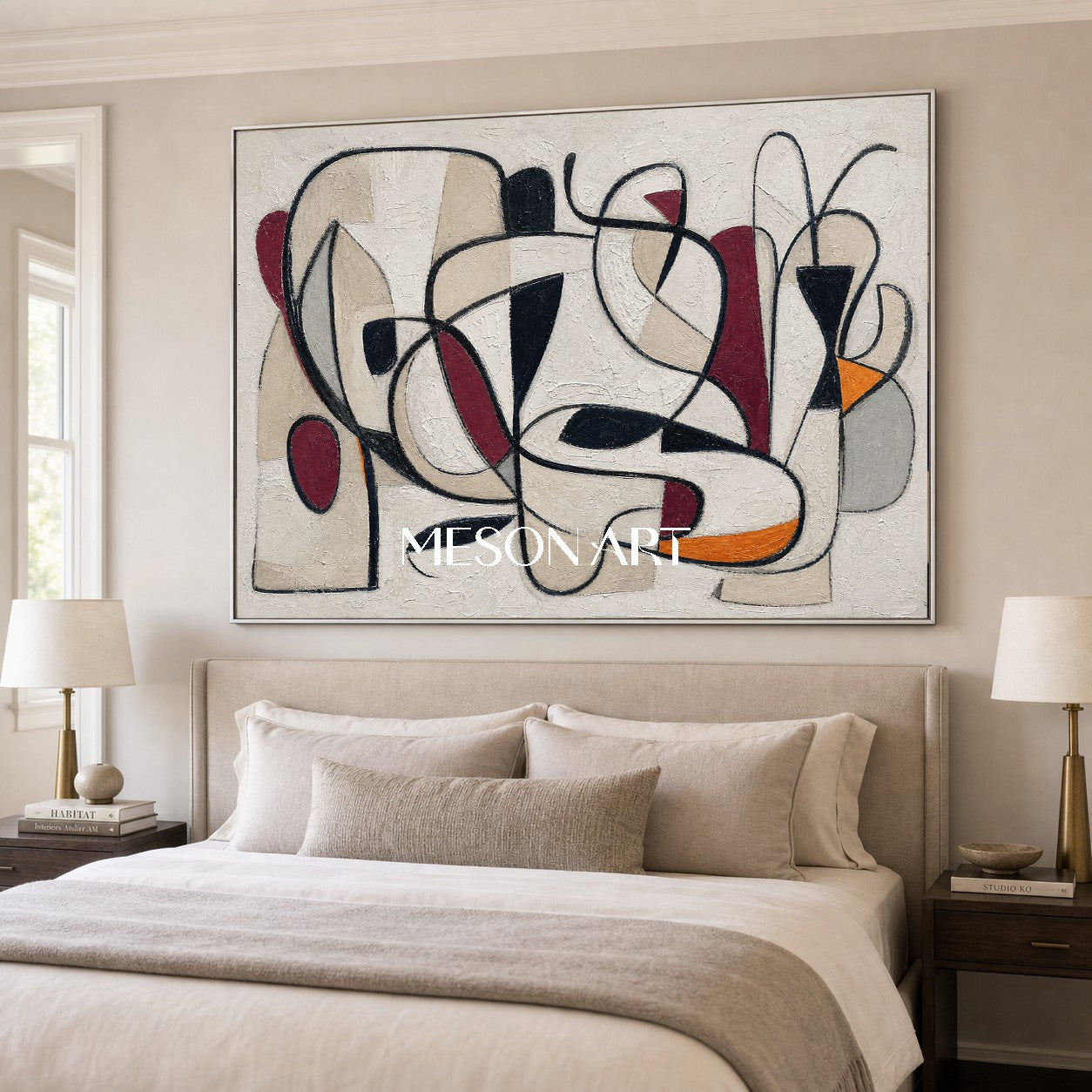 Abstract Horizontal Wall Art With Neutral Beige And Black Lines For Modern Living Room Decor
