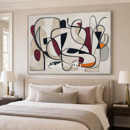 Arte murale orizzontale astratta con linee neutre beige e nere per l'arredamento del soggiorno moderno