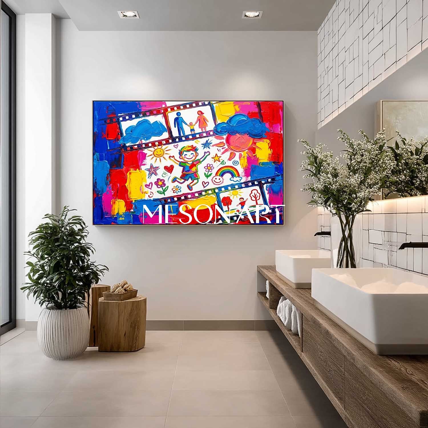 Colorful Pop Art Canvas Painting With Film Strip Motif For Kids Room And Play Area Wall Decor