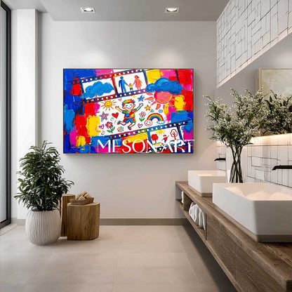 Colorful Pop Art Canvas Painting With Film Strip Motif For Kids Room And Play Area Wall Decor
