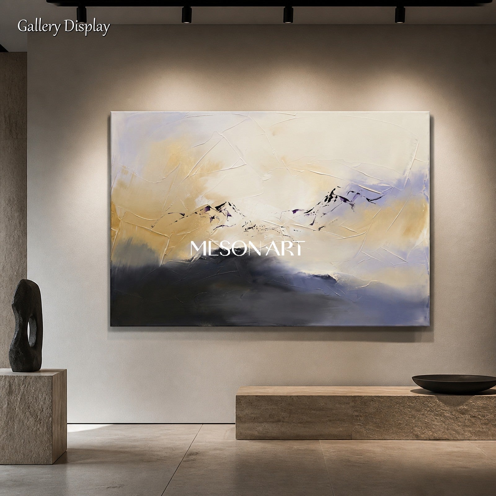 Beige And Black Abstract Expressionist Landscape Painting Rectangular Wall Art For Living Room By Mesonart