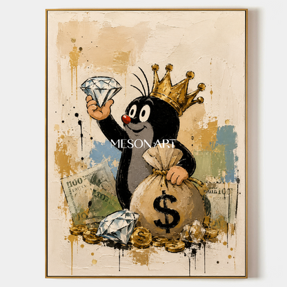 Crowned Mole Pop Art Painting With Gold Coins And Diamonds For Modern Living Room Decor