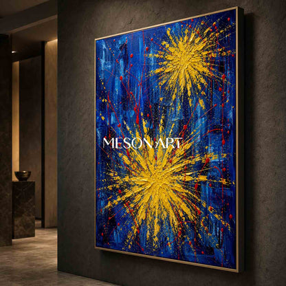 Blue And Gold Abstract Painting With Textured Relief For Modern Living Room Decor